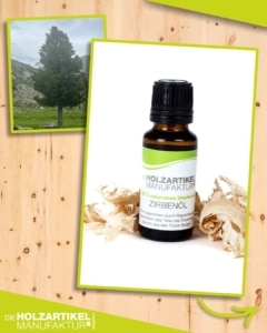 Cover des Beitrags. Eine Collage, die ein Fläschchen Zirbenholzöl gemeinsam mit dem Bild einer Zirbe zeigt.