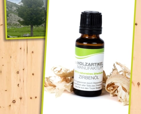 Cover des Beitrags. Eine Collage, die ein Fläschchen Zirbenholzöl gemeinsam mit dem Bild einer Zirbe zeigt.